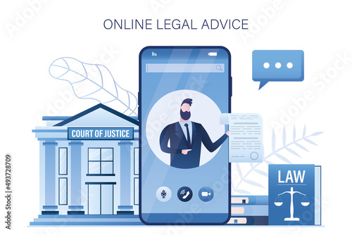 Online legal advice services. Remote consulting. Attorney uses mobile phone for consulting. Big smartphone, justice and law application. Notary with document on cellphone screen.