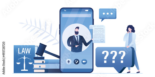 Online legal advice. Remote consulting. Businesswoman uses mobile phone for consulting with attorney. Big smartphone, justice and law application. Legal advice services.