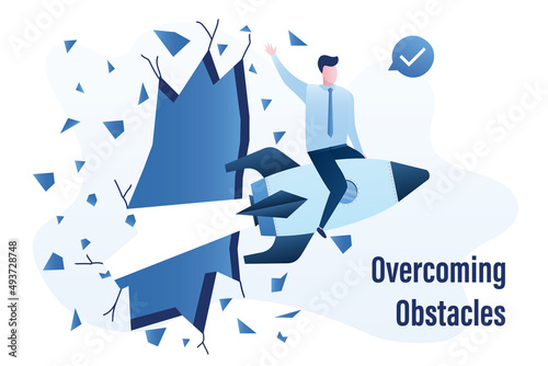 Businessman flies on spaceship and break brick wall. Overcoming obstacles, solving business problems. Skills improvement. New startup development. Confident male character.