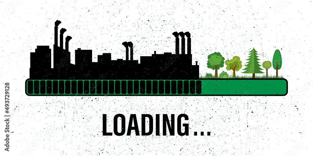 Countdown bar, loading. Black silhouette of factory, industries. Green forest, plants. Environmental pollution, deforestation. Climate change, ecological problems. Global warming.