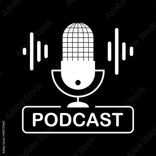 Podcast icon. Talk Show logo. Big microphone with audio waves and inscription. Monochromatic label on black background. Design element template.