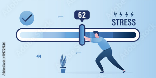 Relieve stress. Stressful man pulls toggle on measuring scale. Stress levels are reduced through of problems solving. Businessman tired, frustrated of work. Mental health, concept banner.