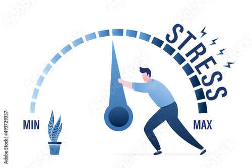 Relieve stress. Stressful man pulls an arrow on measuring scale. Stress levels are reduced through of problems solving. Tired of frustration. Mental health, concept banner.