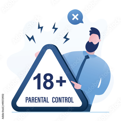 Businessman holds big warning sign with age restrictions. Parental control for media content in Internet and streaming services. Father or male user with prohibiting triangle placard. F