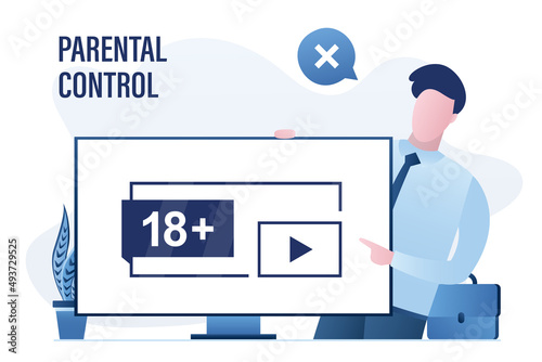 Father or male user near modern monitor, age restrictions. Parental control for tv, media content in Internet and streaming services. 18 plus content, warning sign
