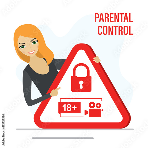 Woman holds big red warning sign with padlock and age restrictions. Parental control for video content in Internet and streaming services. Mother or female user with prohibiting poster.