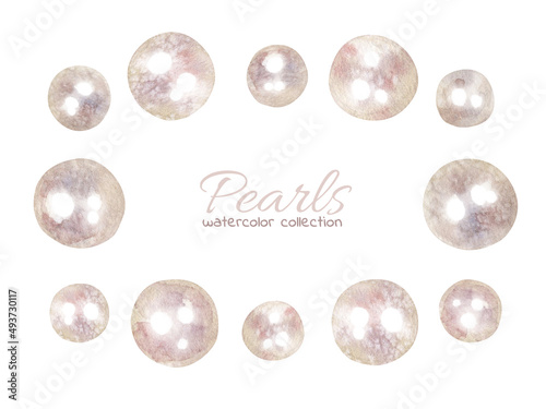 Set with watercolor illustrations of vintage pearls isolated on white background. Marine collection.