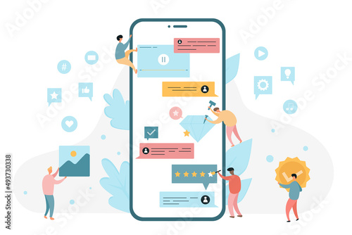 Mobile application usage and customer feedback review. Software app user experience flat vector illustration