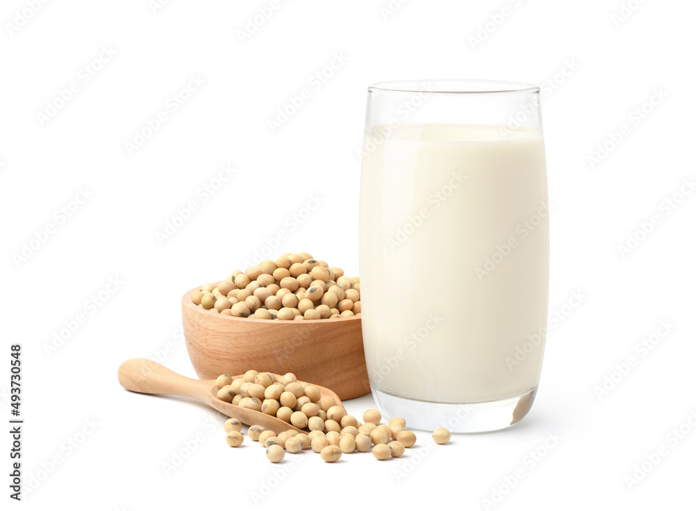 Soy milk with soybeans isolated on white background Soy milk with soybeans isolated on white background