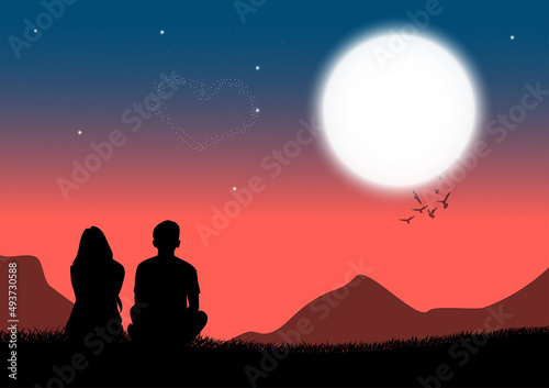 silhouette image A couple man and women sitting on grass and look Moon in the sky at night time design vector illustration