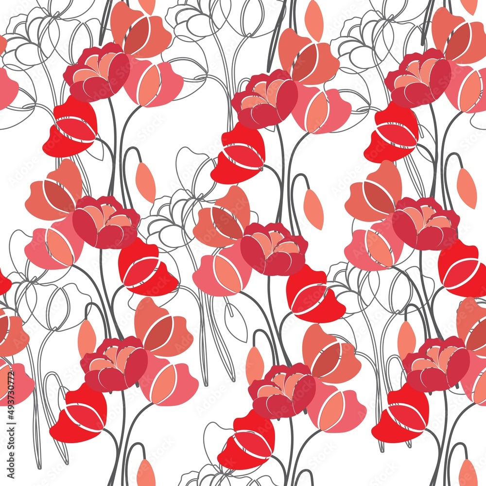 seamless pattern of large poppies on a white background
