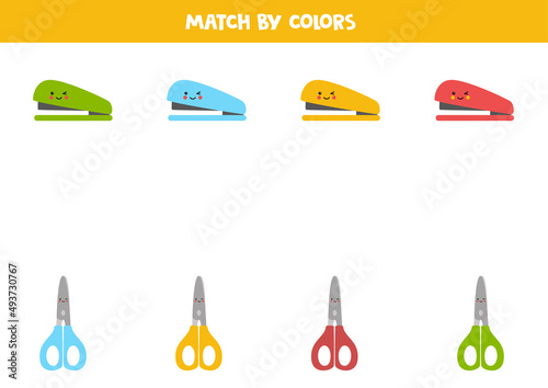 Color matching game for preschool kids. Match staplers and scissors by colors.