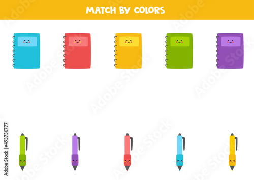 Color matching game for preschool kids. Match copybooks and pens by colors.