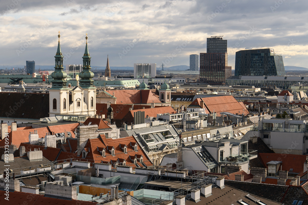 Fototapeta premium Aerial view of Vienna from North Tower of St. Stephen Cathedral or Stephansdom, main catholic church in Vienna, Austria