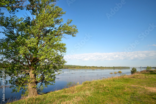 Spring flood on the Volga River. River spill in the spring sunny day.