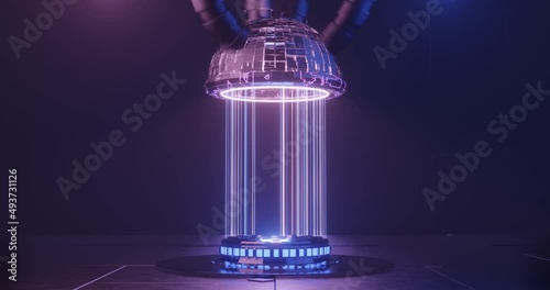 3d rendering sci-fi empty podium with blue and purple neon light for product display. Futuristic technology motion graphic.