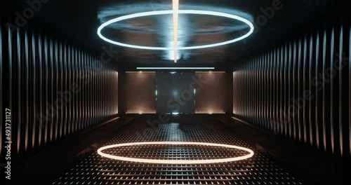 3d rendering metal sci fi corridor with rotating light blue and yellow neon ring. Concept futuristic motion graphic.