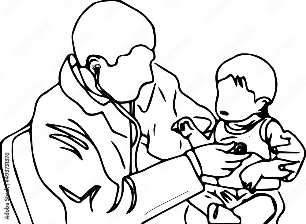 Line art illustration of pediatrician doctor examining kid with sphygmomanometer, out line sketch of doctor examining kid with stethoscope