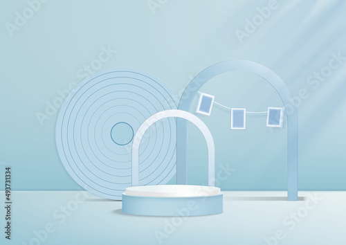 Display 3d podium product white and soft blue with circle backdrop and frame sqaure, promotional display design.