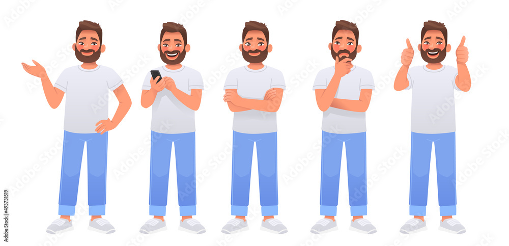 Obraz premium Happy bearded man character set dressed in white t shirt and jeans. Smiling guy points with hand, holds a smartphone in hands, thinks
