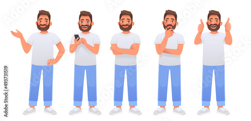 Happy bearded man character set dressed in white t shirt and jeans. Smiling guy points with hand, holds a smartphone in hands, thinks