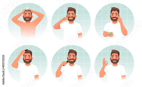 Daily personal care. A man takes a shower, brushes his teeth, uses face cream, combs his hair, shaves his beard
