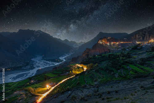 Milky way over Dhankar Monastery,Spiti Valley, Himachal Pradesh, India
