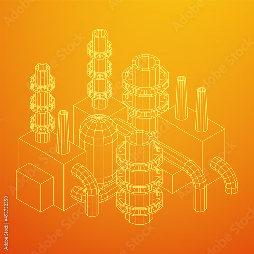 Industrial building factorie facilitie power plant with chimneys. Wireframe low poly mesh vector illustration.