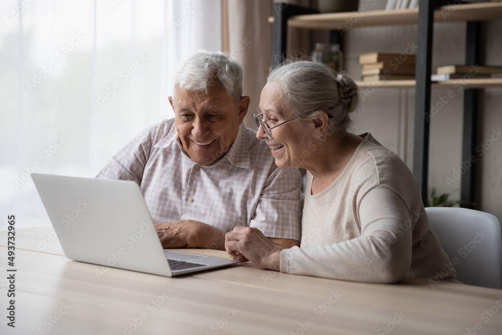 Happy older couple sit at table at home staring at laptop screen enjoy easy comfort usage of modern tech, make online purchase, buy goods, electronic services through e-commerce, technologies concept