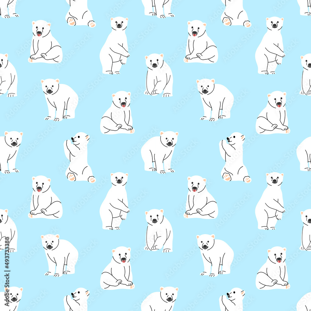 CUTE POLAR BEAR IN SOME DIFFERENT MOVES IN BLUE BACKGROUND FLAT PATTERN DESIGN.