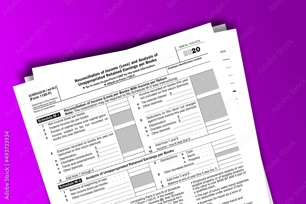 Fototapeta premium Form 1120-F Schedules M-1, M-2 documentation published IRS USA 11.18.2020. American tax document on colored