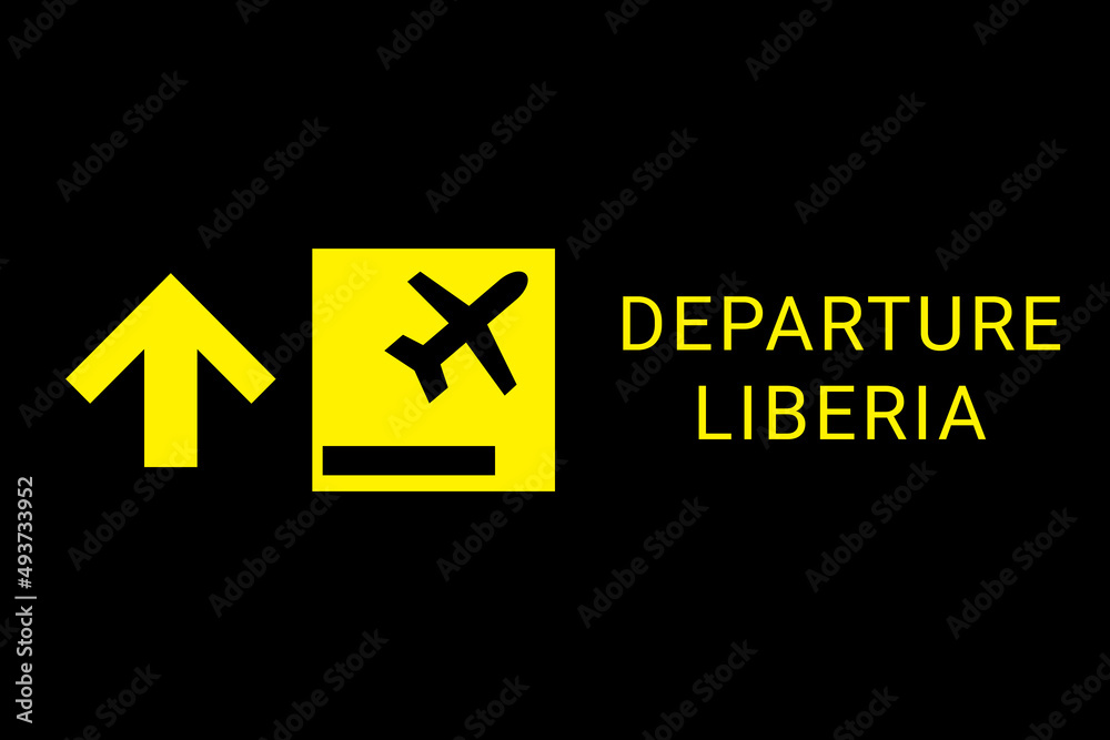Obraz premium Departure Liberia on airplane. Concept of air flight in Monrovia , capital Liberia . Departure to Liberia travel. Aeroport board. Yellow logo on a black background.