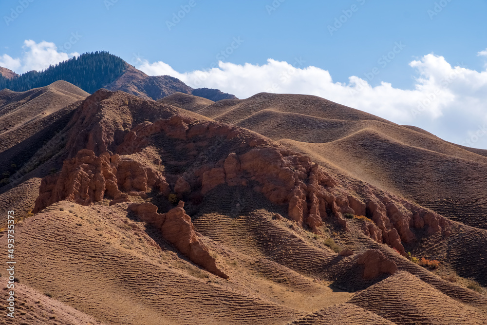 Naklejka premium Beautiful red clay mountains eroded on wind. Red mountains or red canyon on the way from Assy plateau to Bartogai reservoir. Mountain canyon landscape.