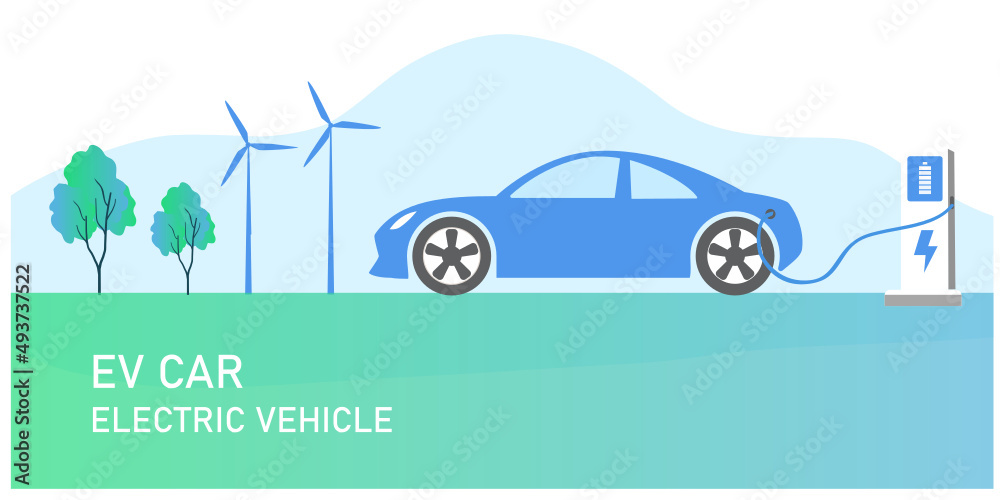 Electric car, EV car, man charging battery at electric charging station with solar panel and wind turbines. Sustainable green energy for ecology environment. Futuristic transportation technology.