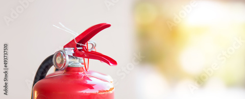 Foto Close up fire extinguisher for protection and prevent and safety rescue and use of equipment on fire training concept