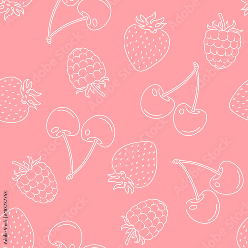 Berry outline seamless pattern. Fruit pink background with strawberry, cherry and raspberry. Vector food simple illustration. 