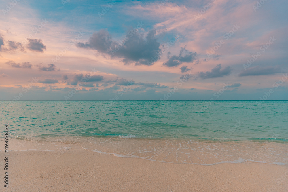 Colorful sky ocean beach sunrise with dramatic motivational mood. Tropical island seaside, coastal landscape, exotic beach shore, sea horizon. Inspire happy closeup of sand, beautiful summer travel