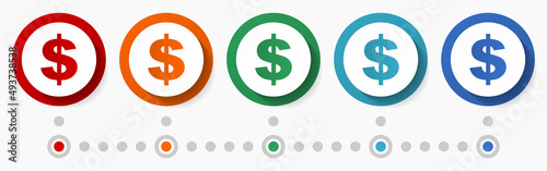 US dollar currency, business concept vector icon set, flat design colorful buttons, infographic template in 5 color options