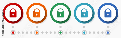 Padlock, safety concept vector icon set, flat design colorful buttons, infographic template in 5 color options