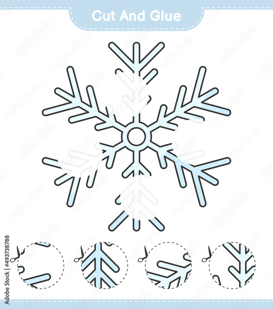 Cut and glue, cut parts of Snowflake and glue them. Educational children game, printable worksheet, vector illustration Cut and glue, cut parts of Snowflake and glue them. Educational children game, printable worksheet, vector illustration