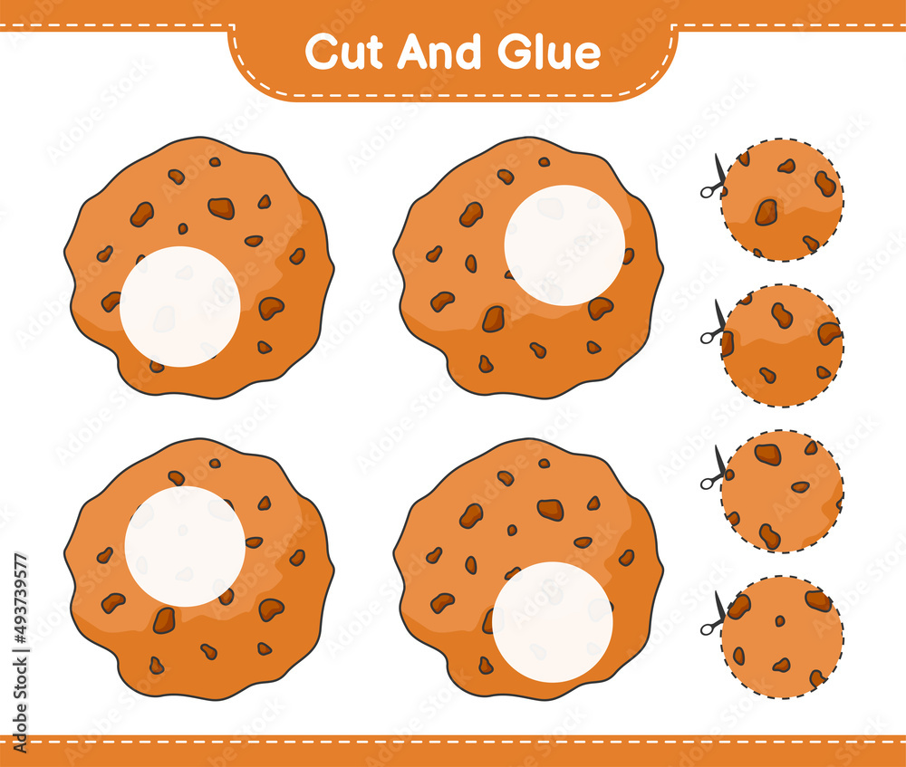 Cut and glue, cut parts of Cookie and glue them. Educational children game, printable worksheet, vector illustration Cut and glue, cut parts of Cookie and glue them. Educational children game, printable worksheet, vector illustration