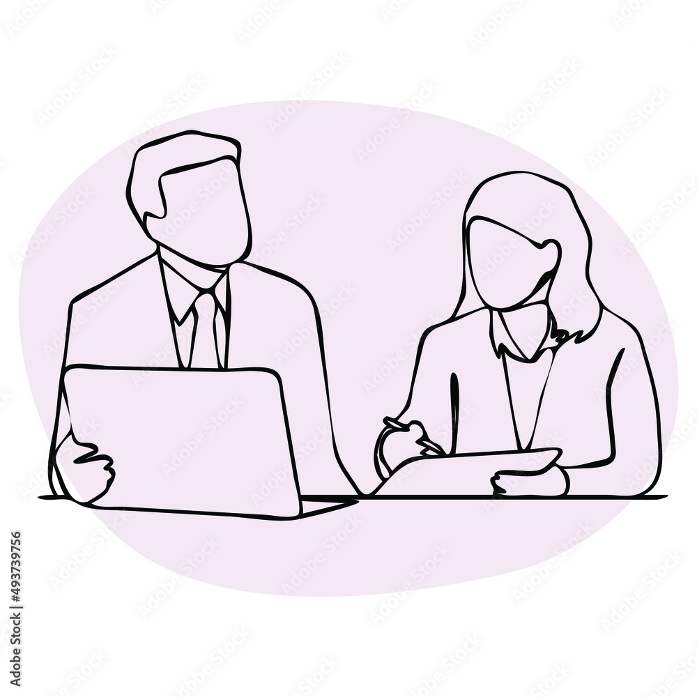Business people discussing on laptop. Line art. Business people discussing on laptop. Line art.