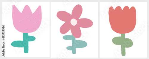 Cute Vector Illustration with Simple Infantile Style Pink and Red Flowers Isolated on a White Background. Oil Painting Style Print with Abstract Blooming Flower ideal for Wall Art, Card, Posters.