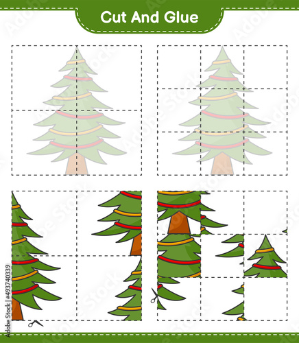Cut and glue, cut parts of Christmas Tree and glue them. Educational children game, printable worksheet, vector illustration