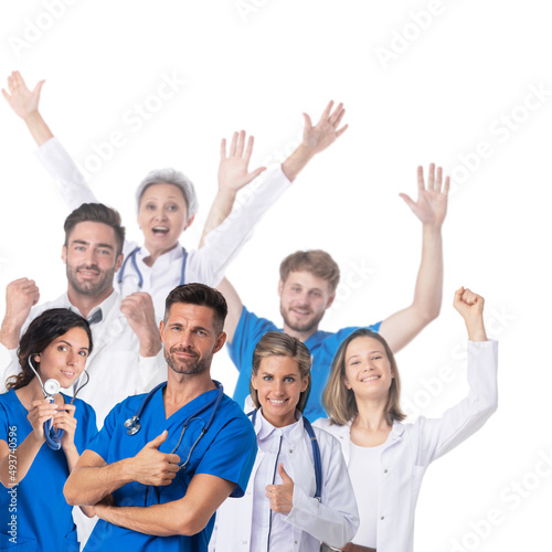 Group Of Happy Doctors Raising Arms