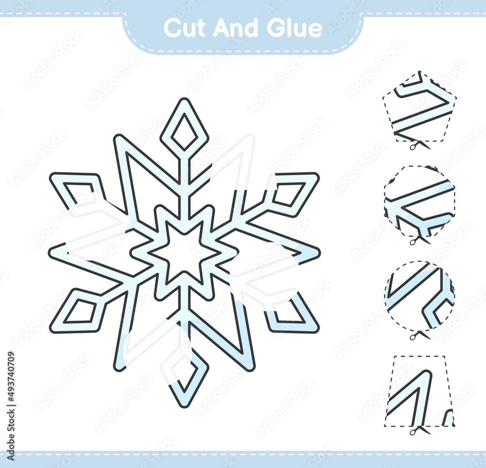 Cut and glue, cut parts of Snowflake and glue them. Educational children game, printable worksheet, vector illustration Cut and glue, cut parts of Snowflake and glue them. Educational children game, printable worksheet, vector illustration