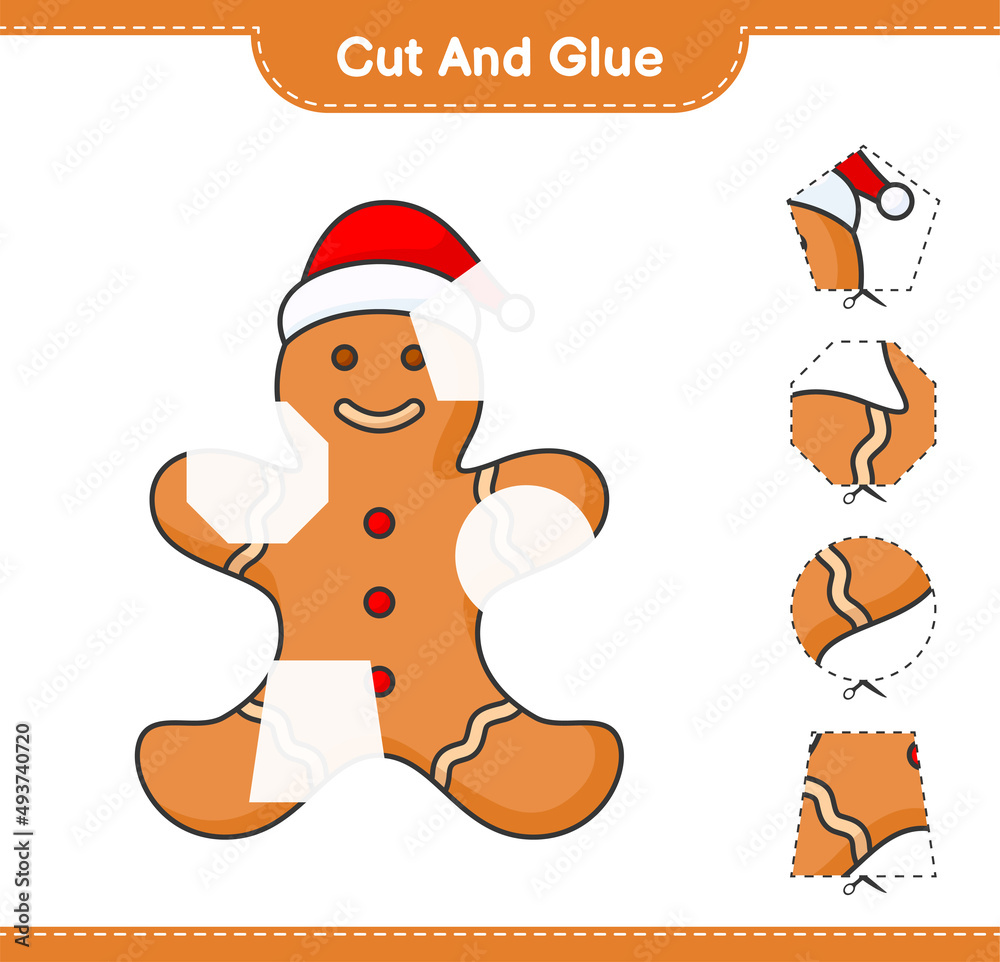 Naklejka premium Cut and glue, cut parts of Gingerbread Man and glue them. Educational children game, printable worksheet, vector illustration