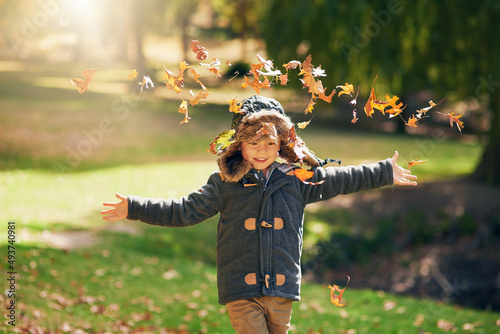 When autumn leaves fall its time to have a ball. Shot of a happy little boy playing in the autumn leaves outdoors.