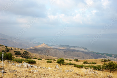 Shore of Lake Kinneret, the slopes of the Golan Heights in Israel
