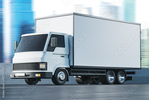 Delivery van moving on city background. Mockup
